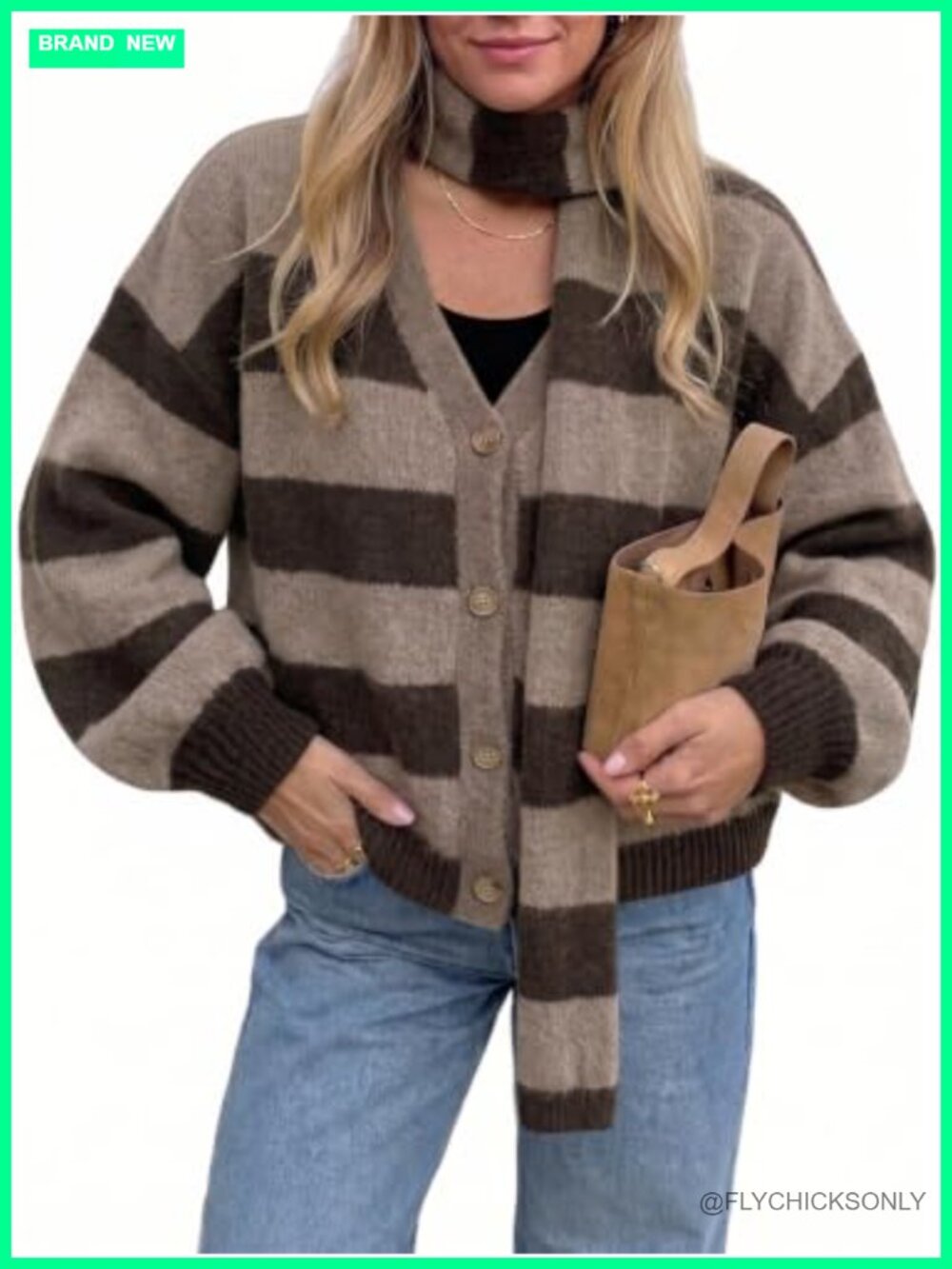 Tankaneo Oversized Striped Button Down Cardigan Sweater with Scarf